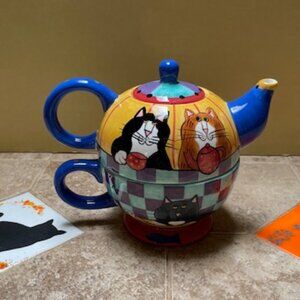 Catzilla ceramic cat teapot and cup
